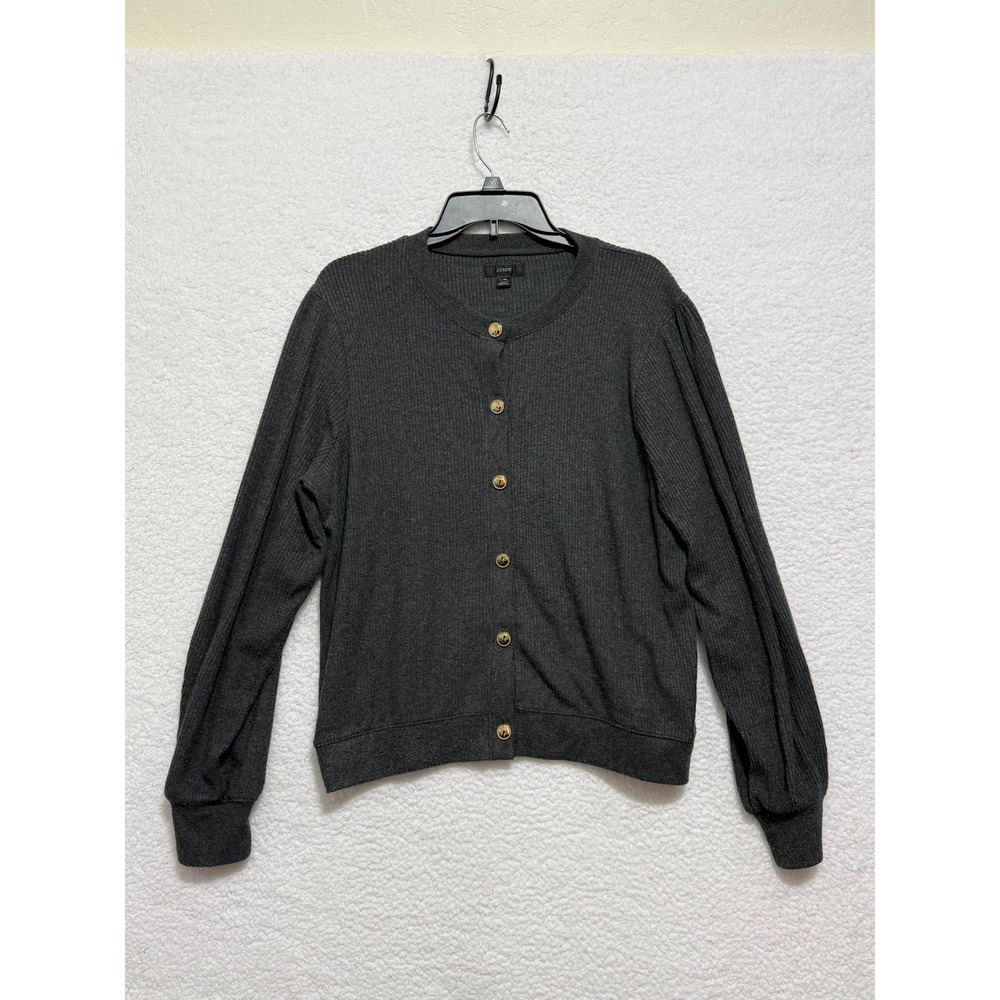 JCrew Ribbed Cardigan Sweater Gray Gold Button BM323 Womens L-XL